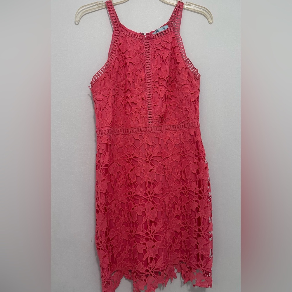 She + Sky Coral Lace Mini Dress